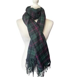 J.Crew Green Black Pink Plaid Fringe Scarf Acrylic Winter Wrap 90” x 24.5”